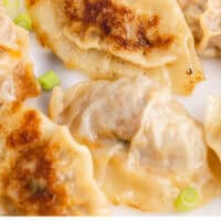 potstickers on a plate with recipe name at the bottom