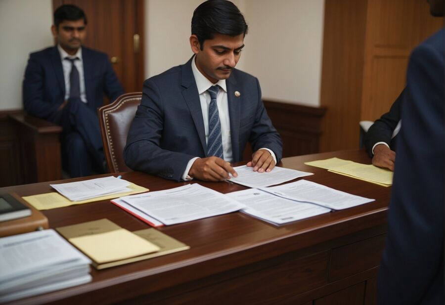 businessman signing documents office