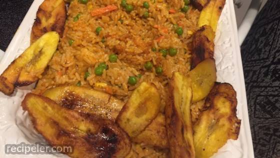 Nigerian Jollof Rice with Chicken and Fried Plantains