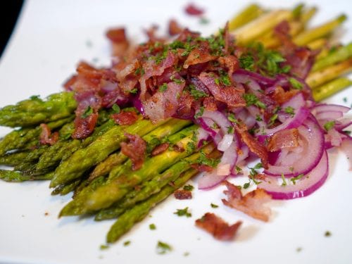 Asparagus with Sherry-Bacon Vinaigrette, Vegetables, Red Onion, Garlic, French Cuisine, Appetizer