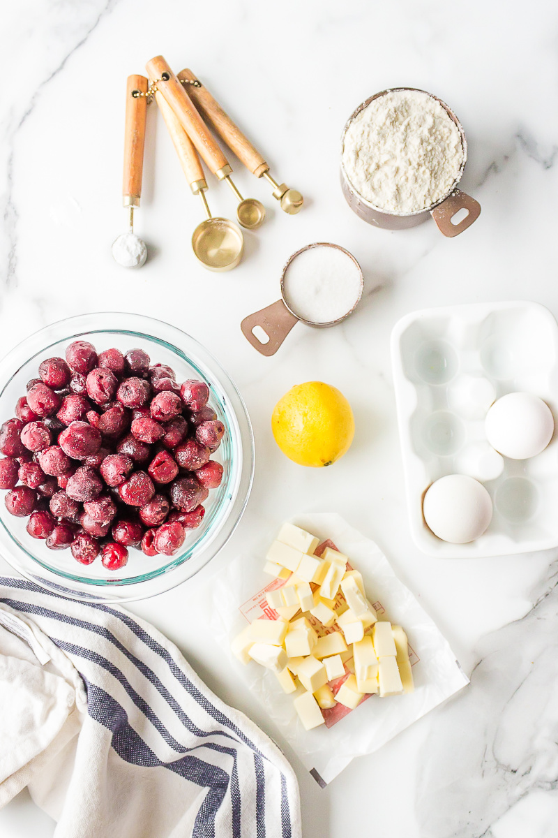 ingredients displayed for making cherry cobbler