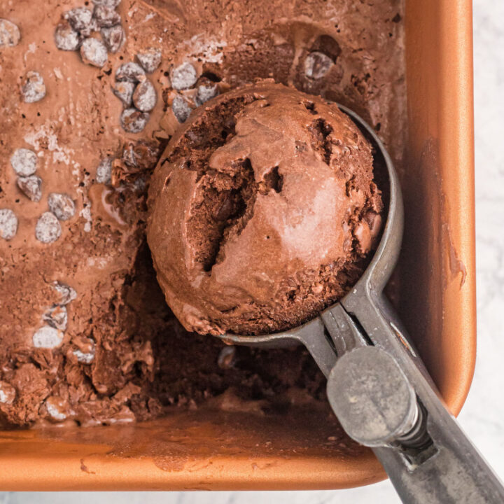 tub of chocolate froyo with scoop