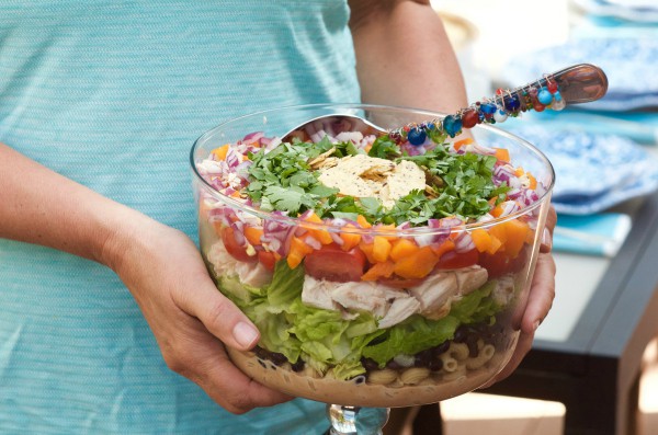 Barbecue Chicken Layered Pasta Salad