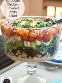 clear glass bowl Barbecue Chicken Layered Pasta Salad