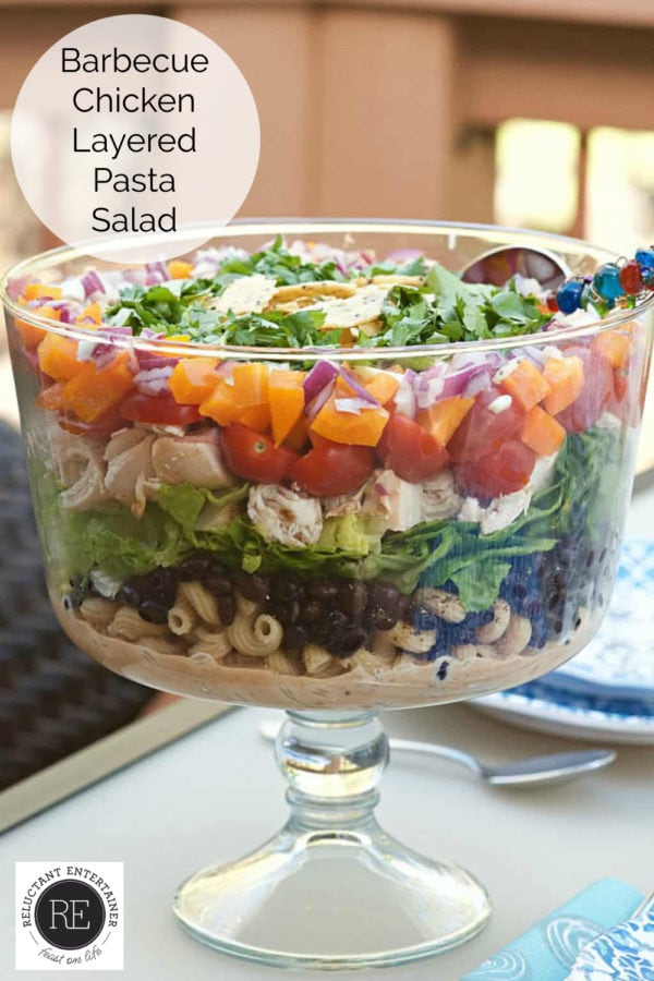 clear glass bowl Barbecue Chicken Layered Pasta Salad