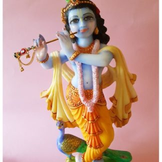 krishna statue `15 inch white marble beautifully painted with peacock at base murti of krishna