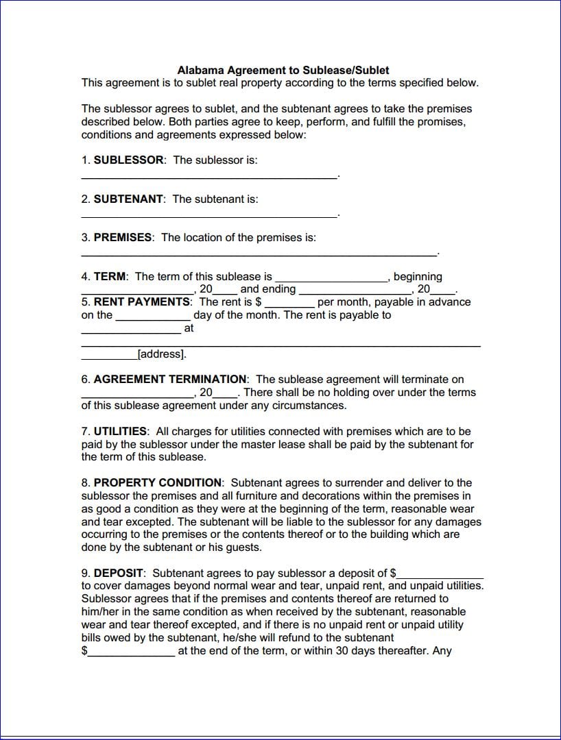 Free Alabama Sublease Agreement Form | PDF | DOCX | Template