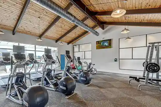 workout area featuring beamed ceiling, carpet, natural light, and TV