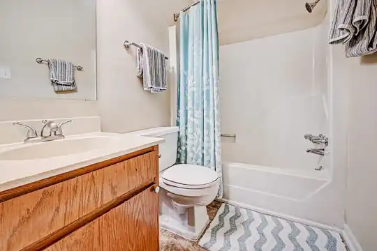 full bathroom featuring mirror, vanity with extensive cabinet space, toilet, washtub / shower combination, and shower curtain