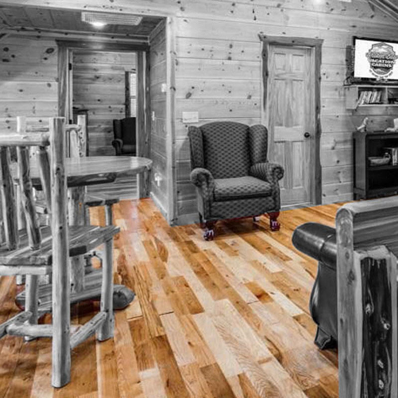 Solid Pecan wood flooring in a Hidden Hills cabin, in Hochatown, OK.