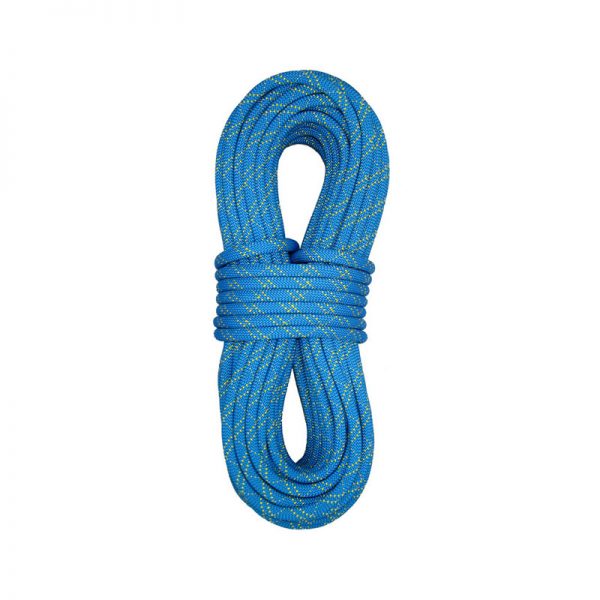 A blue climbing rope on a white background.