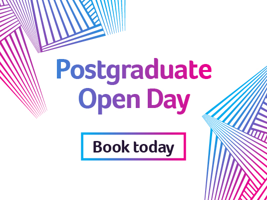 A banner advertising Postgraduate Open Days, which links the the Open Day webpage.