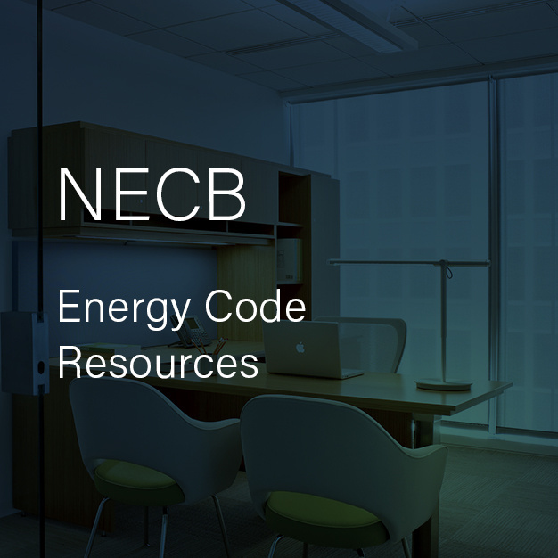 Image of an office with desk, chairs, and window facing a city landscape. Text reads "NECB Energy Code Resources"