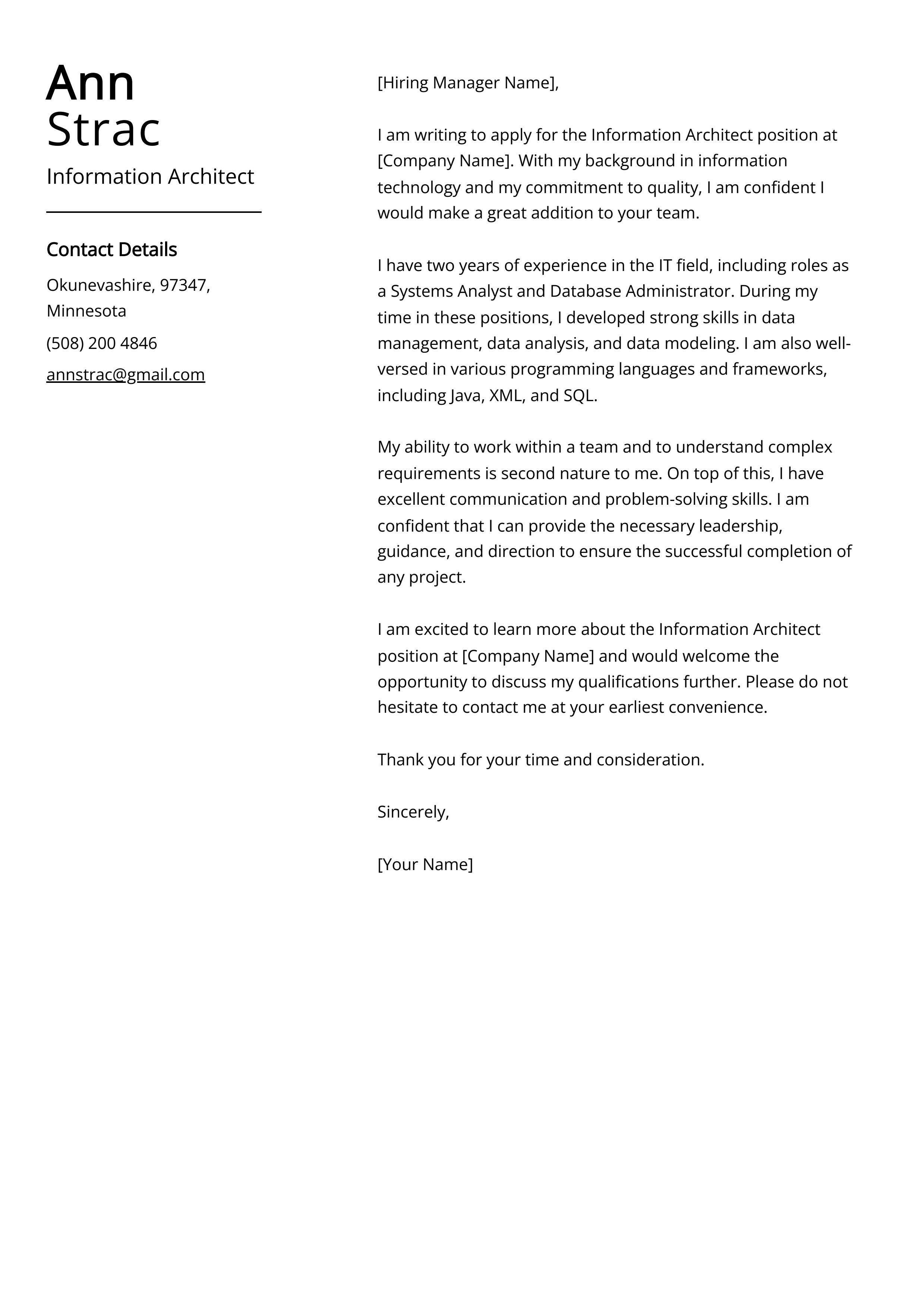 Information Architect Cover Letter: Sample & Guide (Entry Level ...