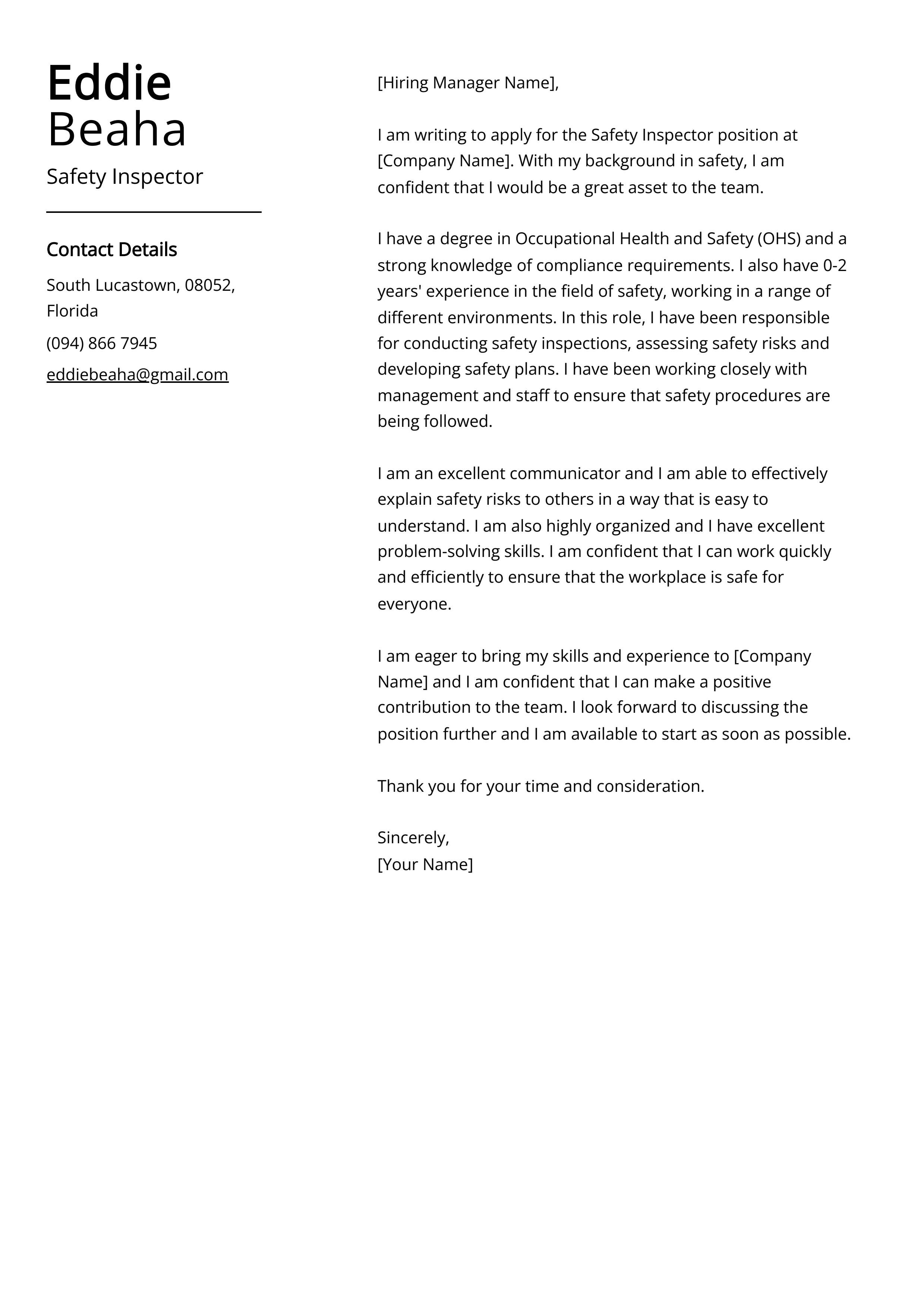 Safety Inspector Cover Letter Examples (Template & 20+ Tips)