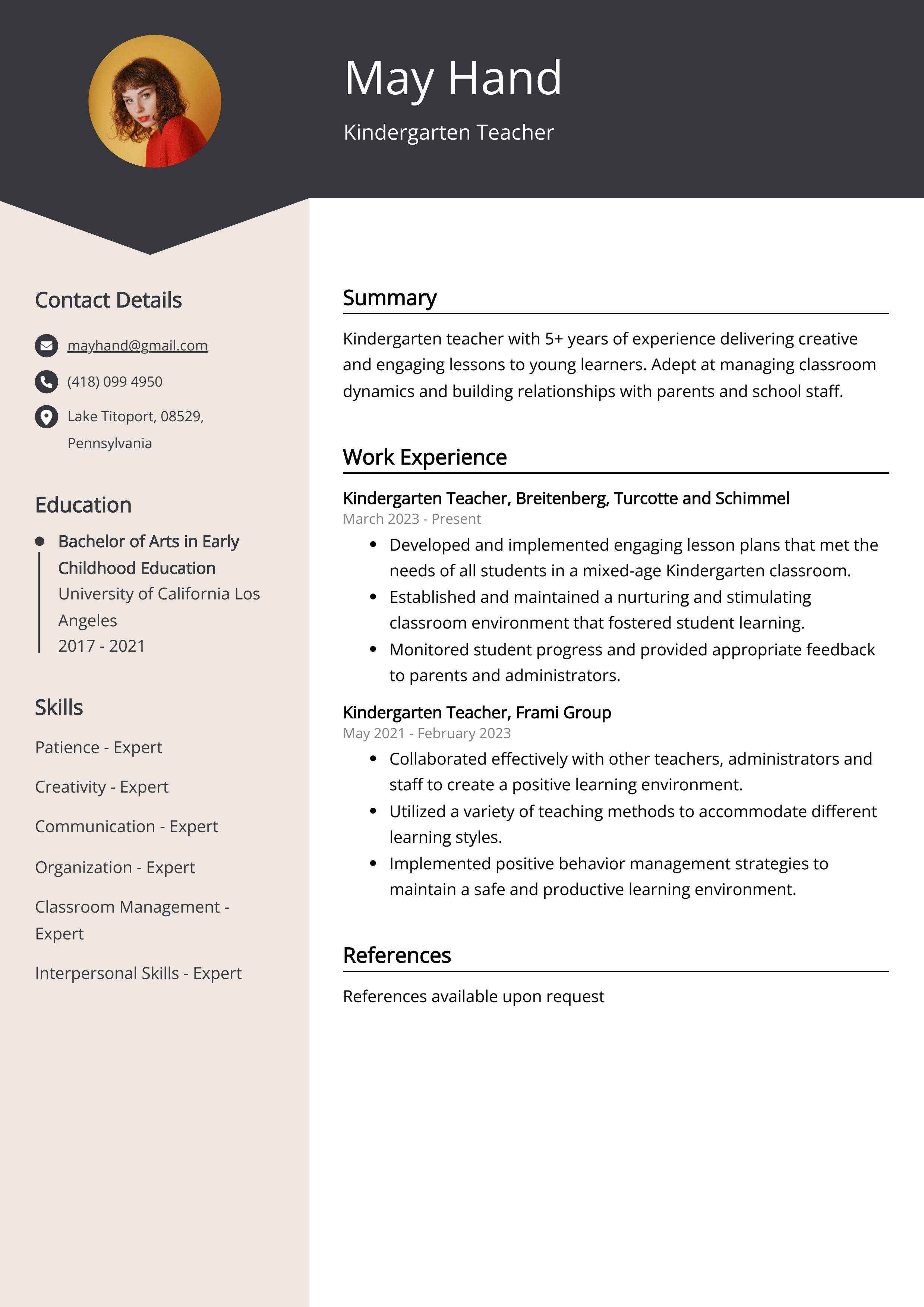 Kindergarten Teacher CV Example