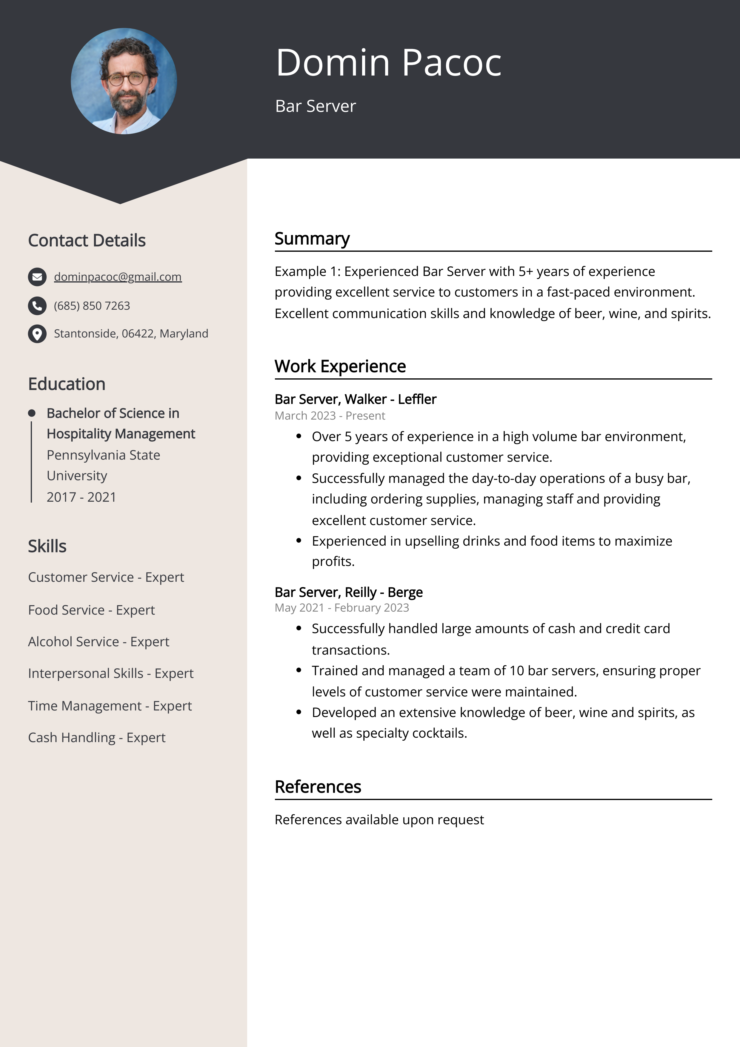 Bar Server Resume Example