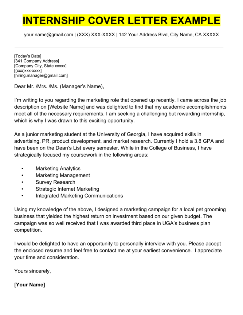 Examples and Guide for an Internship Cover Letter