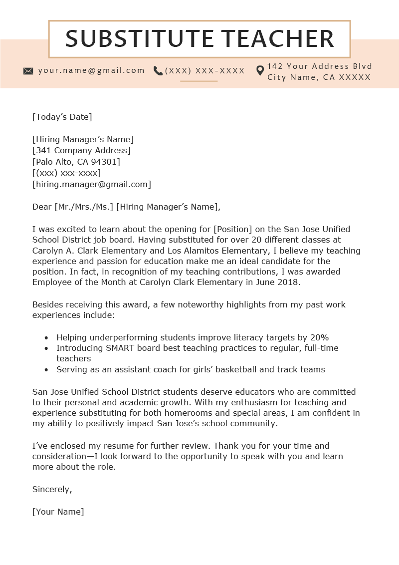 Substitute Teacher Cover Letter Example .Docx (Word)