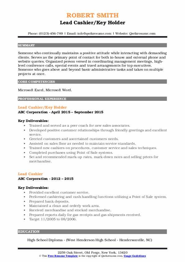 Lead Cashier/Key Holder Resume .Docx (Word)