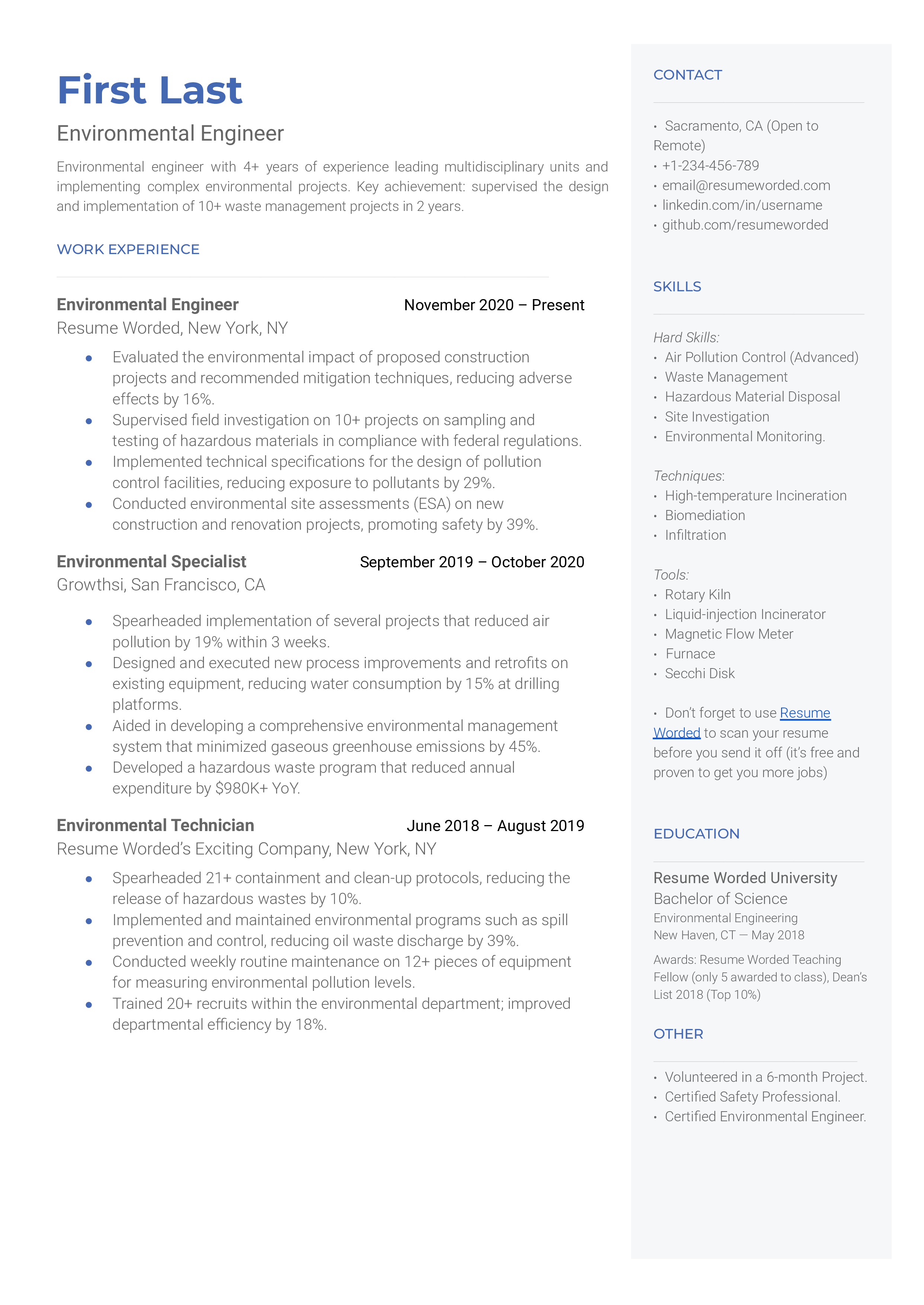 An environmental engineer resume template that prioritizes related experience