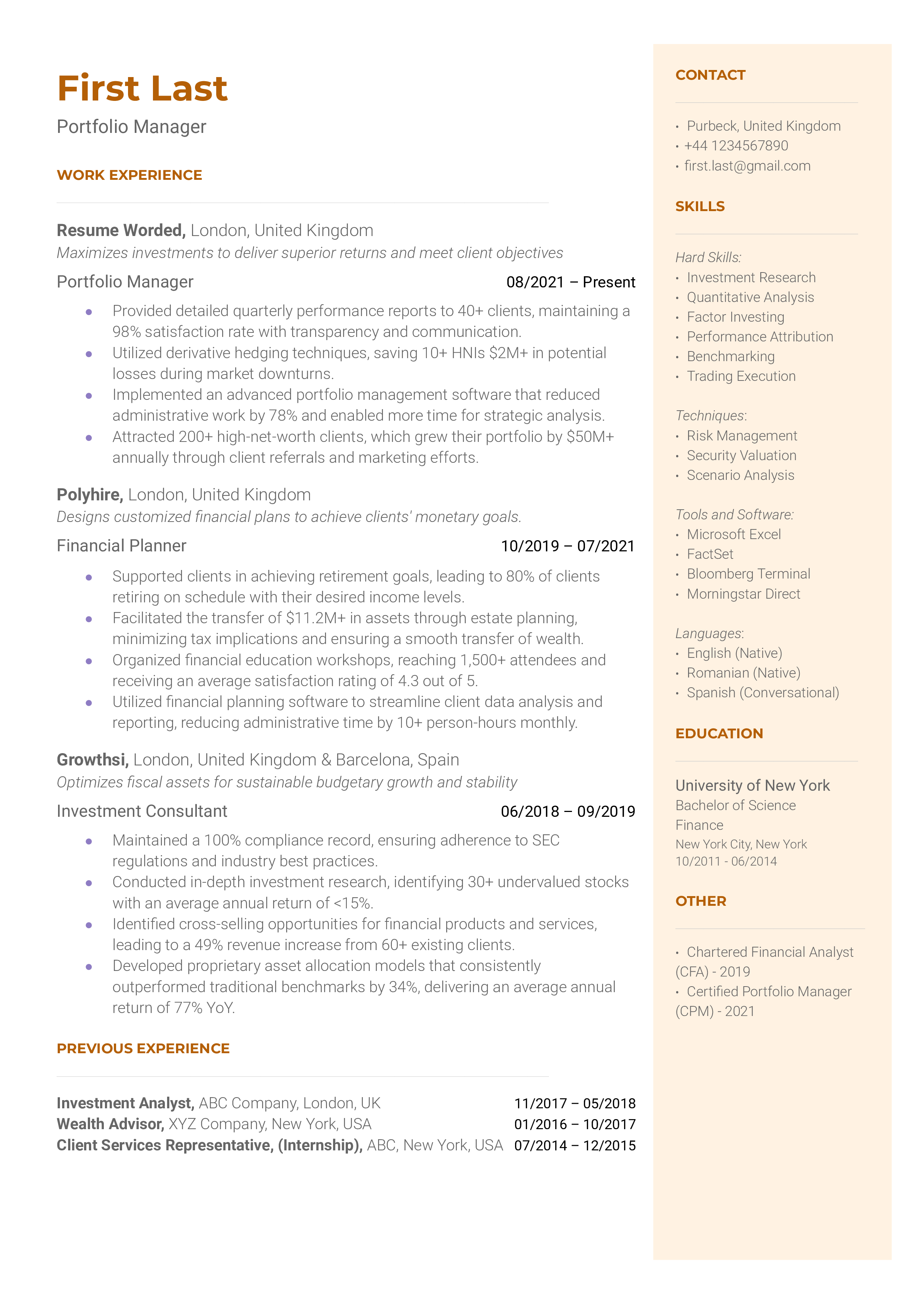 Resume screenshot highlighting strategic investment skills and ESG focus.