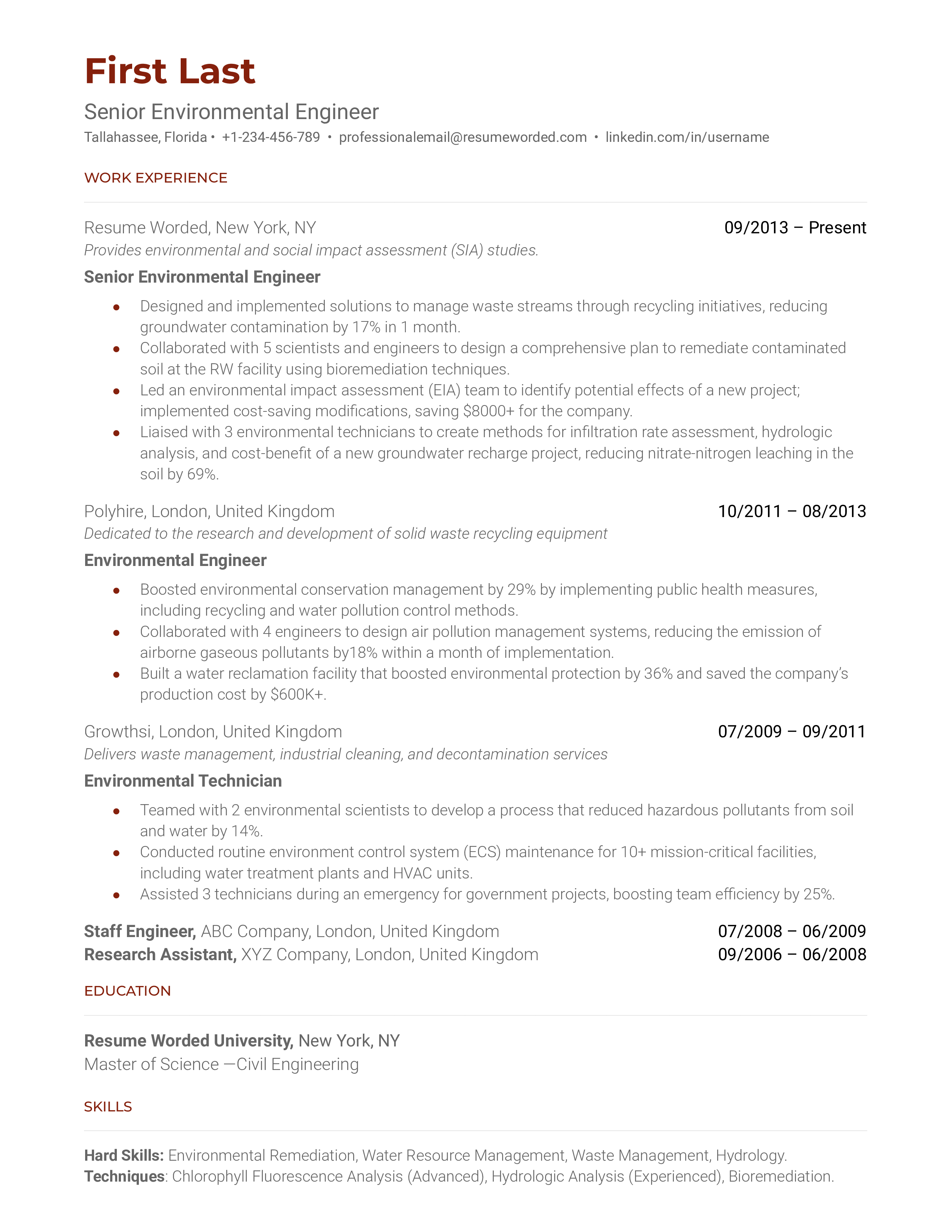 A senior environmental engineer resume template using metrics in the work history.