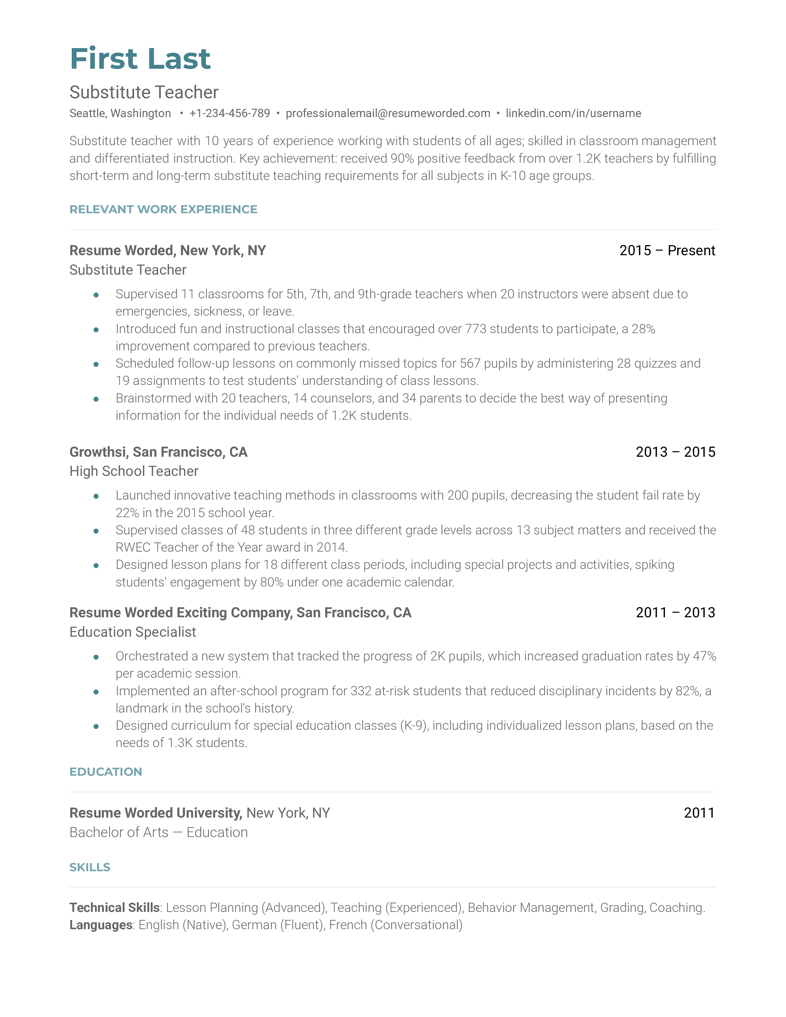 Teacher Resume Examples For 2023 Resume Worded, 44% OFF