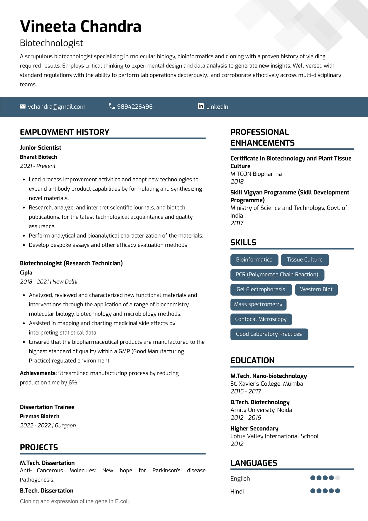 Biotechnology Resumes Example