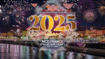 Fireworks of the 2025 New Year’s Eve Bar Crawl in Nice, organized by Riviera Bar Crawl & Tours, with vibrant nightlife and festive decorations.