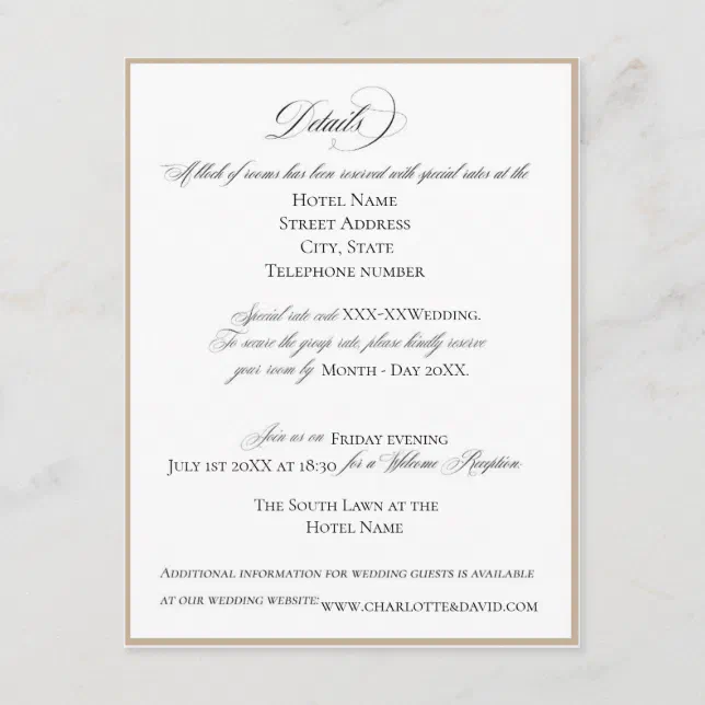 Elegant Wedding Details Card CharlotteD | Zazzle