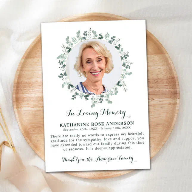 Funeral THANK YOU Eucalyptus Sympathy Photo Card | Zazzle