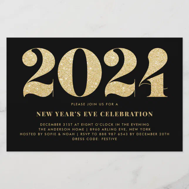 Gold Glitter Black New Year's Eve Party Invitation | Zazzle