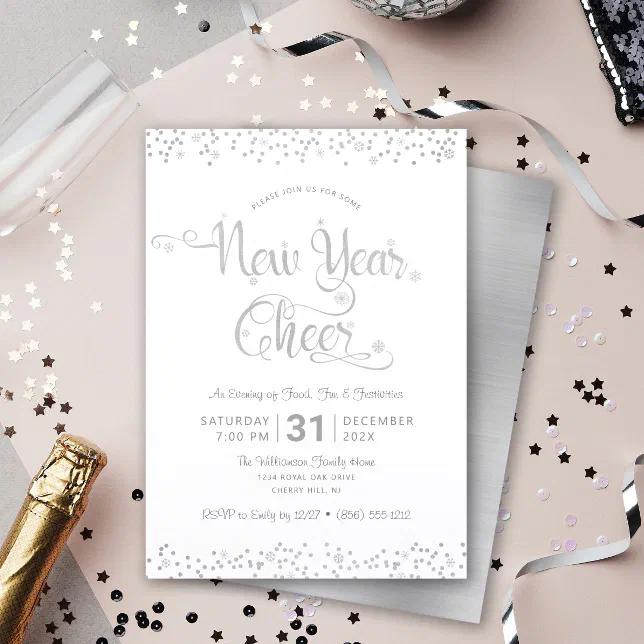 New Year Cheer Silver White Script Confetti Party Invitation | Zazzle