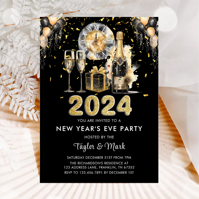 New Year's Eve Party Balck Gold Glitter Champagne Invitation | Zazzle