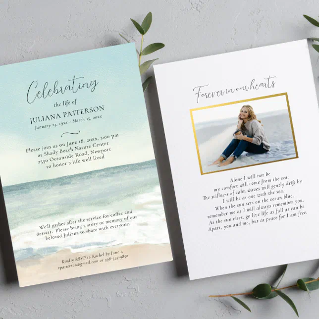 Peaceful Ocean Beach Celebration of Life Photo Invitation | Zazzle