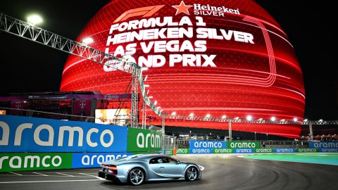 A Bugatti hypercar takes a lap on the Formula 1 Las Vegas Grand Prix circuit.