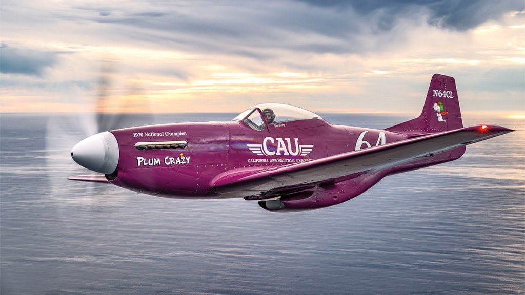 Vicky Benzing piloting 'Plum Crazy' P-51 Mustang N64CL over the Monterey Bay coastline.