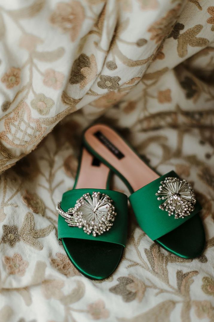 Flat bright green mule wedding shoes with embellishment 