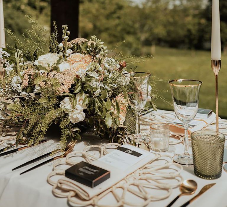 Kelmarsh Hall and Gardens with flower shaped place mat with neutral wedding flowers 