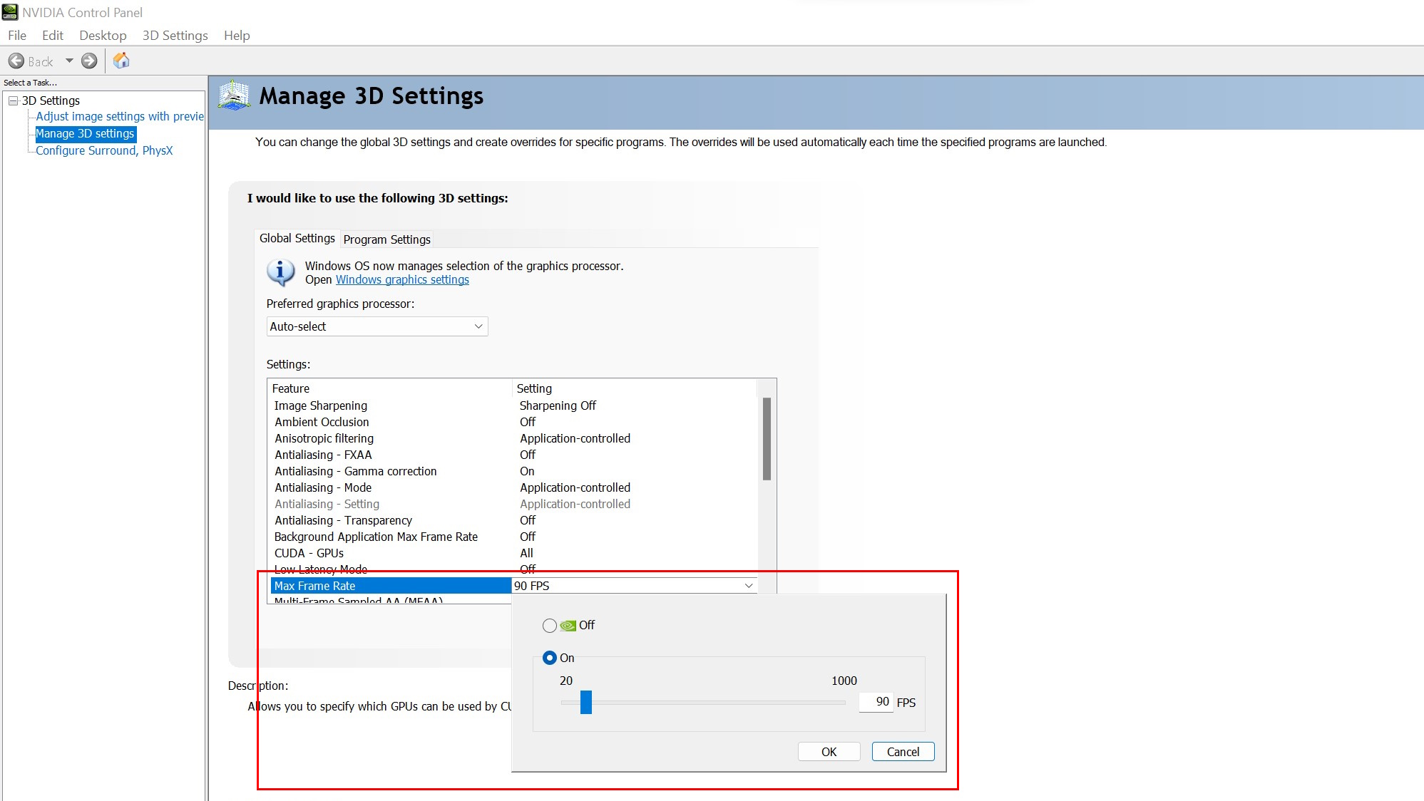 Screenshot of NVIDIA Control Panel, with emphasis on the location of the frame limiter.