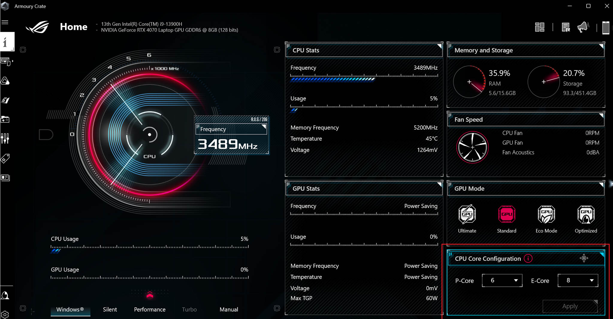 A screenshot of the Armoury Crate software with the CPU Core Configuration section outlined in red.