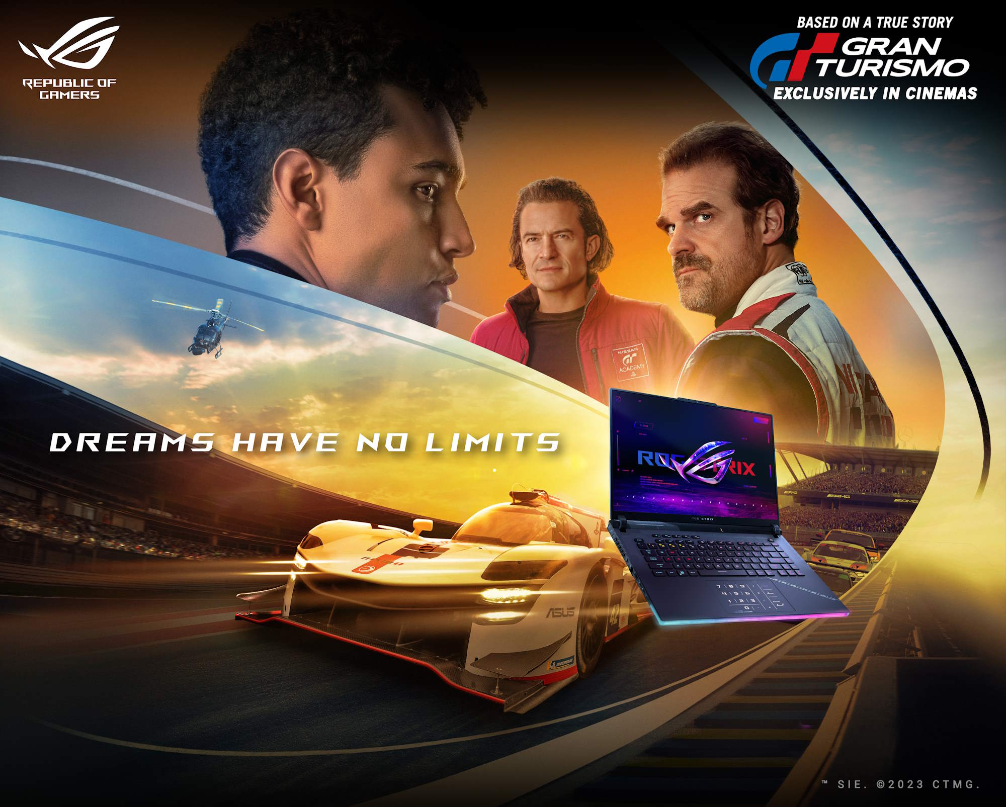 A photo of a racecar driving on a long road, overlayed with an image of the ROG Strix SCAR laptop and three faces with the Grand Turismo and ROG logos visible.