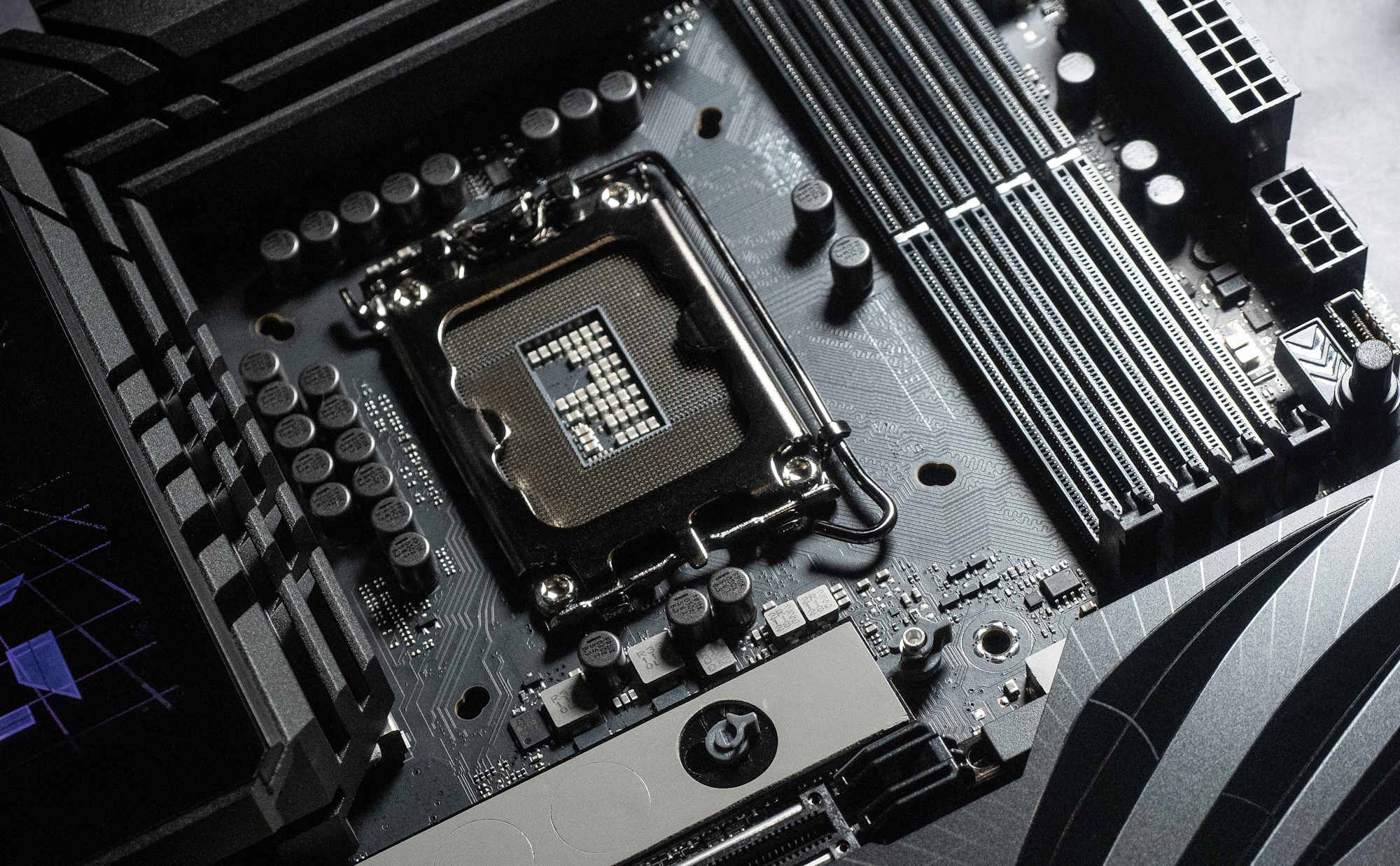 A closeup view of the LGA 1700 socket on the ROG Maximus Z790 Dark Hero