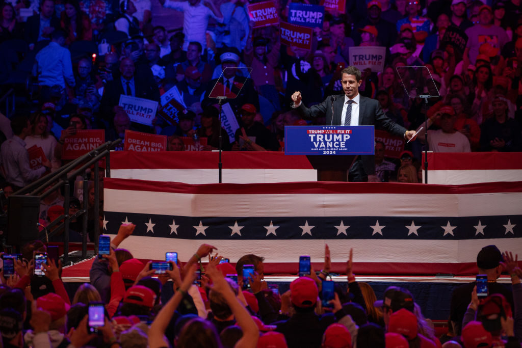 Comedian Tony Hinchcliffe speaks at a rally for former president Donald Trump on Sunday at Madison Square Garden in New York City.