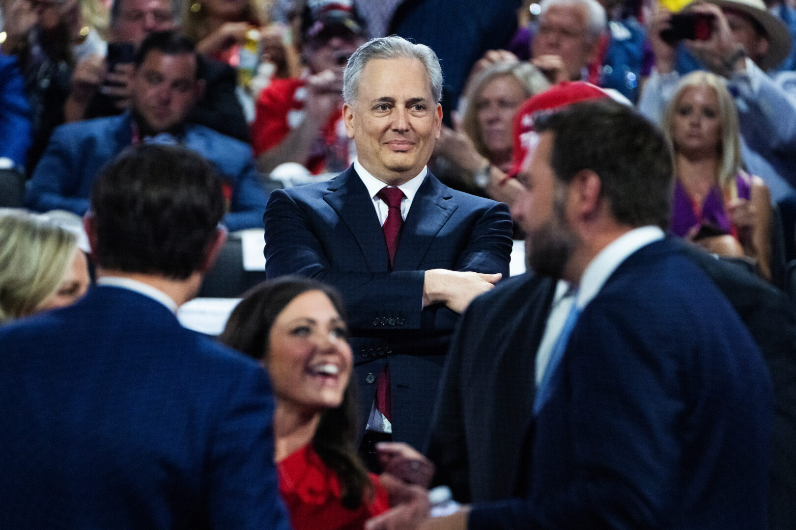 Venture capitalist David Sacks, center, was chosen by President-elect Donald Trump to be White House “AI and Crypto Czar.” He is pictured here at the Republican National Convention in Milwaukee in July.