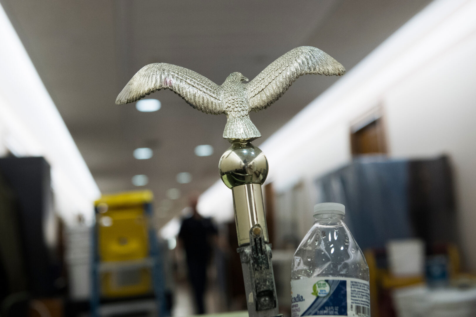 An eagle emblem sits atop a flag pole in a Dirksen Senate Office Building hallway as workers renovate a nearby room. The bald eagle has held symbolic significance for centuries. 