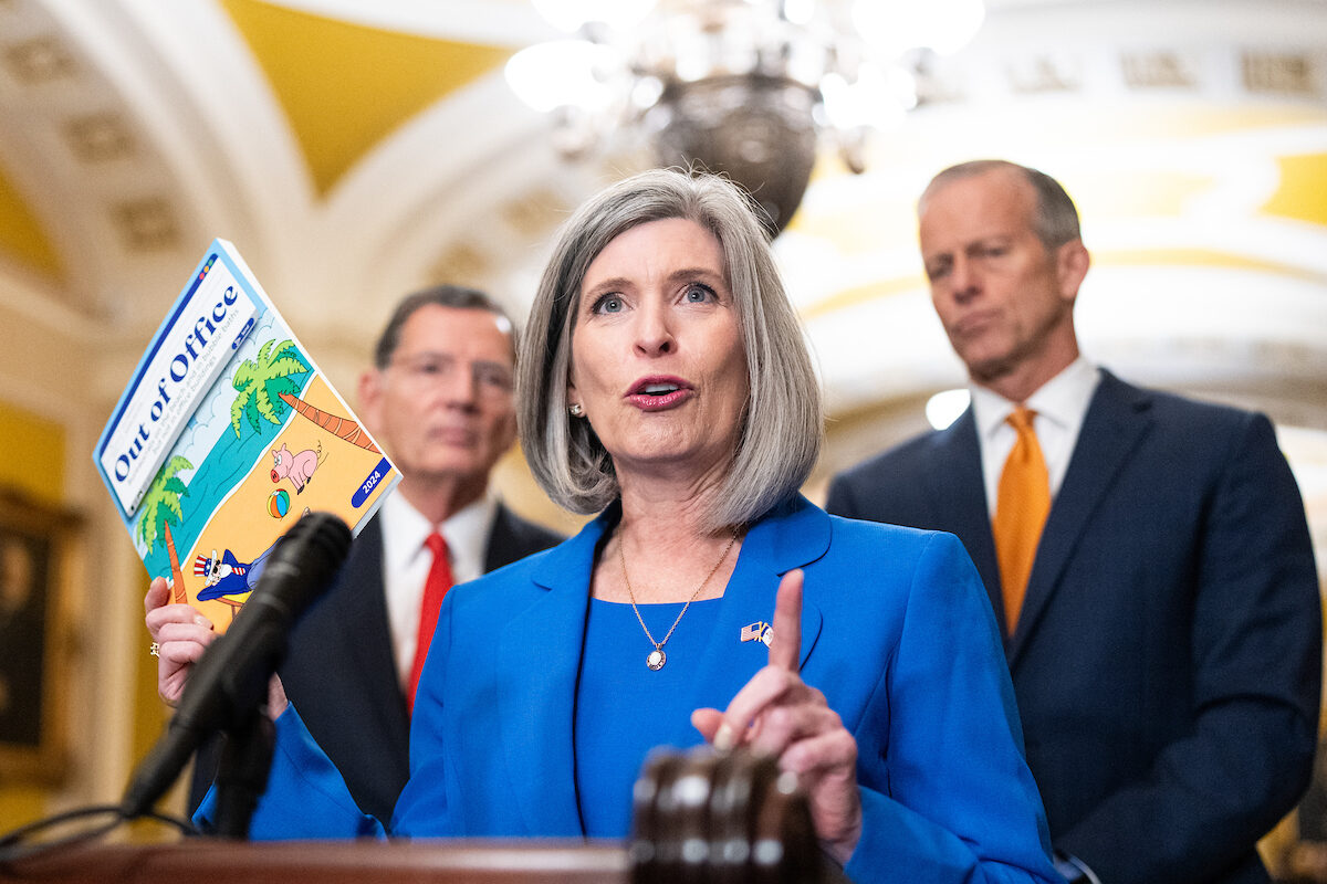 Iowa Sen. Joni Ernst, here at a news conference at the Capitol last week, is up for reelection in 2026. (Bill Clark/CQ Roll Call)