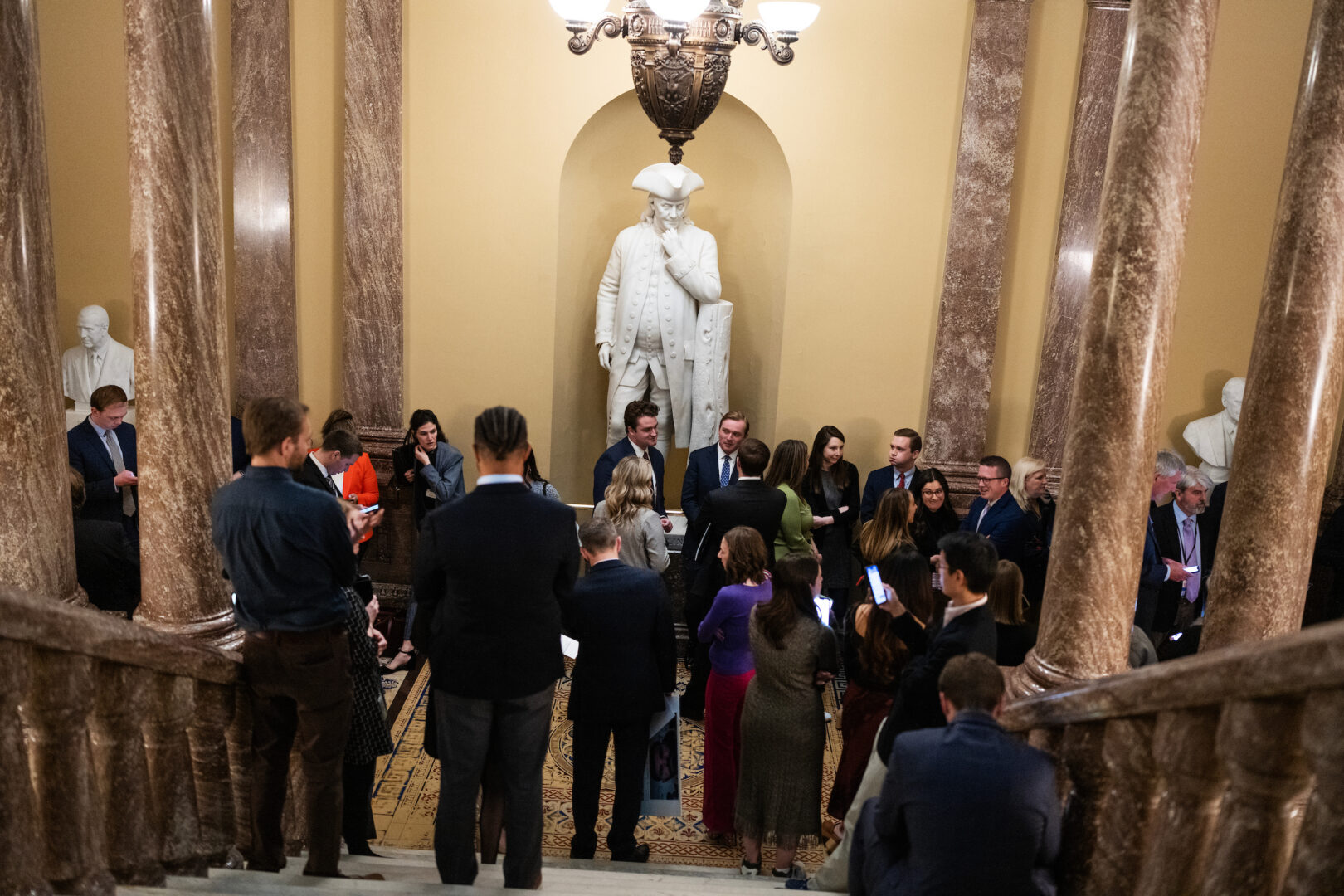 For staffers on Capitol Hill, the usual post-election shuffle is in full swing. Meanwhile, the wider hiring landscape in official Washington is uncertain.  Above, reporters and aides are seen at the Capitol in March. 