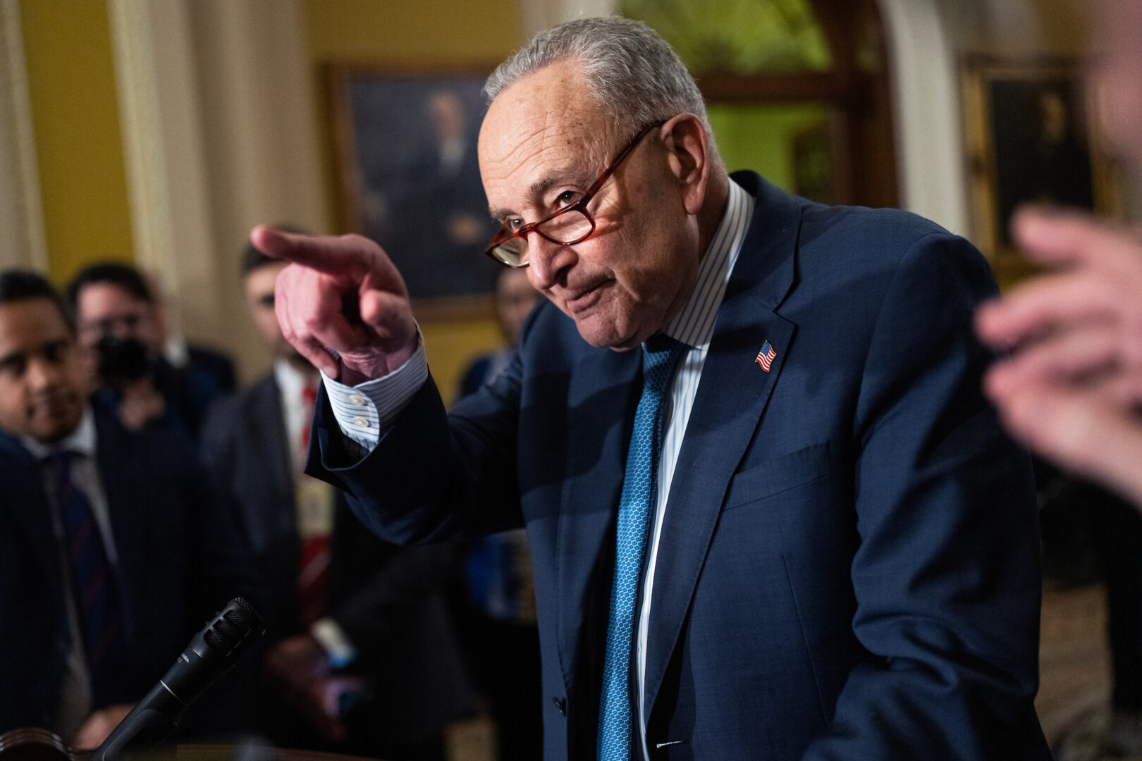 Senate Majority Leader Charles E. Schumer, D-N.Y., conducts a news conference after the Senate luncheons in the Capitol on Tuesday. 